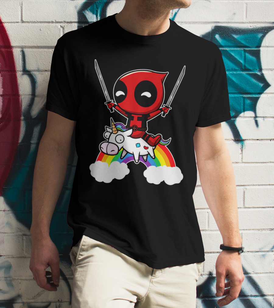 Deadpool Riding Unicorn Over Rainbow With Dual Swords T-Shirt
