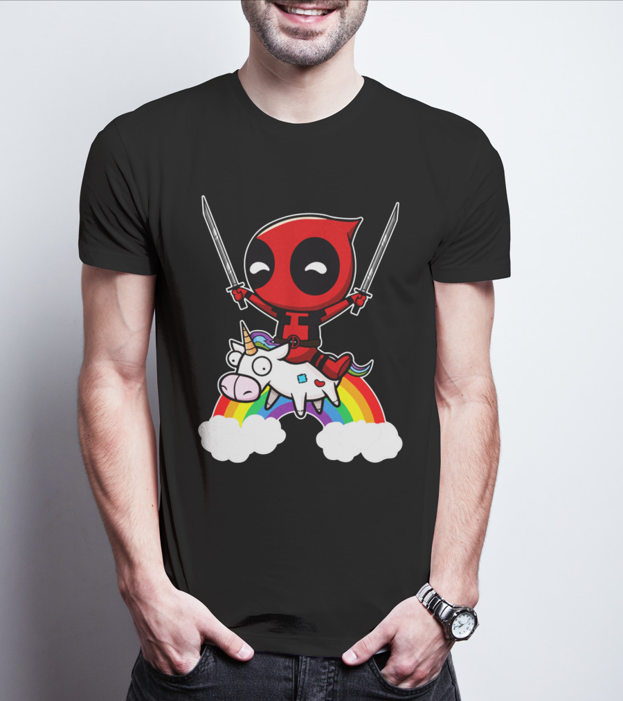 Deadpool Riding Unicorn Over Rainbow With Dual Swords T-Shirt