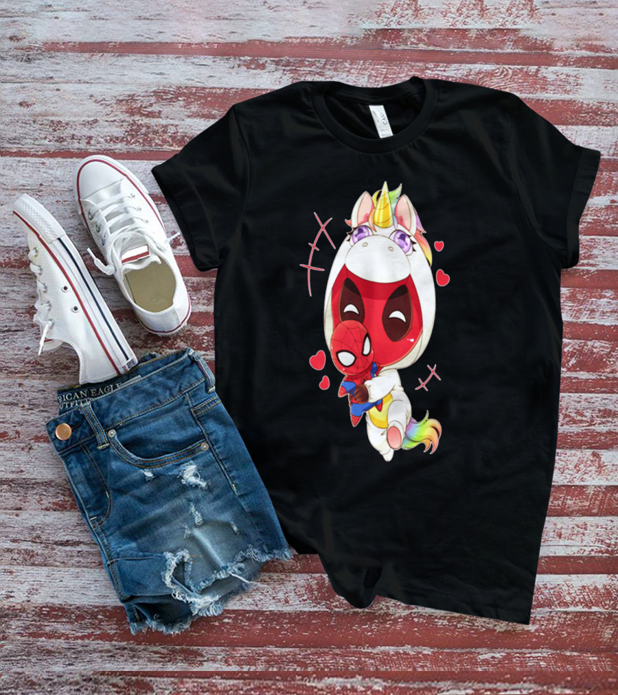 Deadpool IN Unicorn Costume Hugging Spiderman Plush With Hearts And Smiling Face T-Shirt