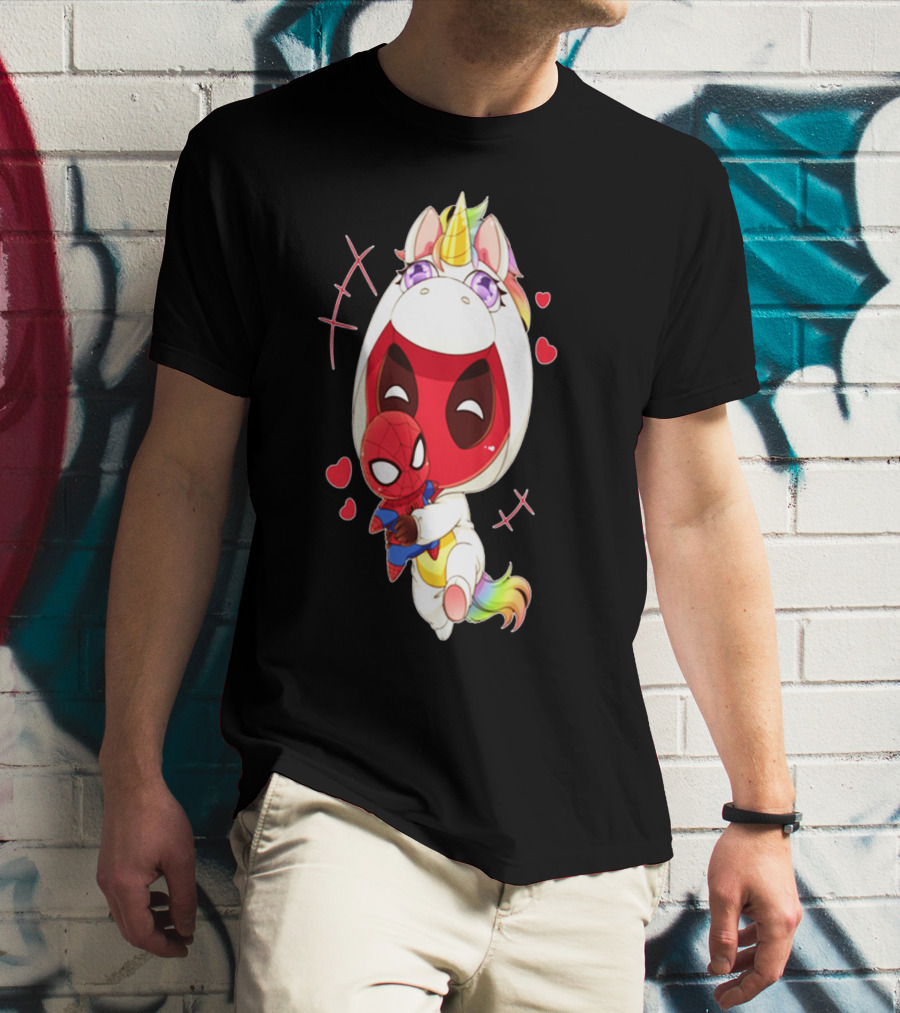 Deadpool IN Unicorn Costume Hugging Spiderman Plush With Hearts And Smiling Face T-Shirt