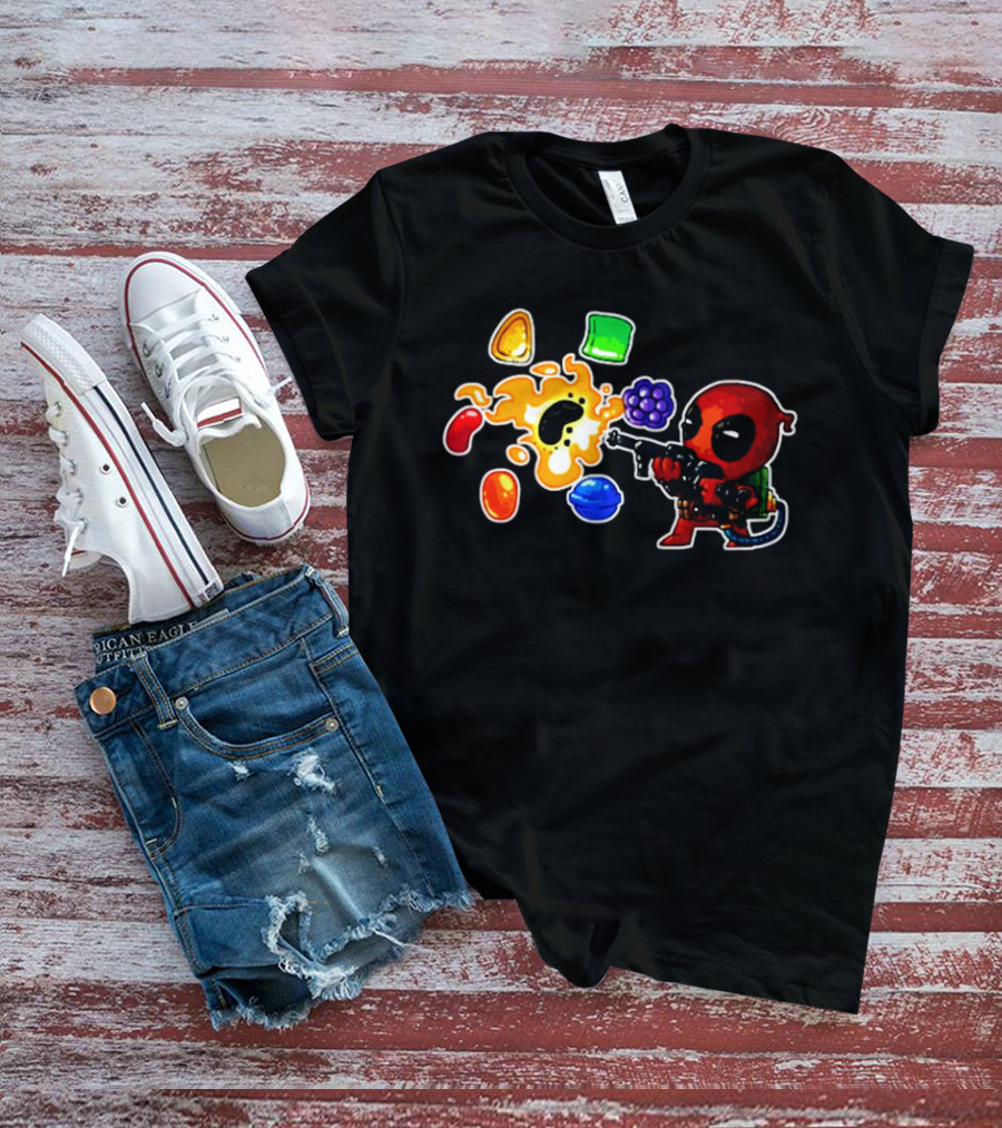 Deadpool Candy Explosion With Shooting Gun And Colorful Sweets T-Shirt