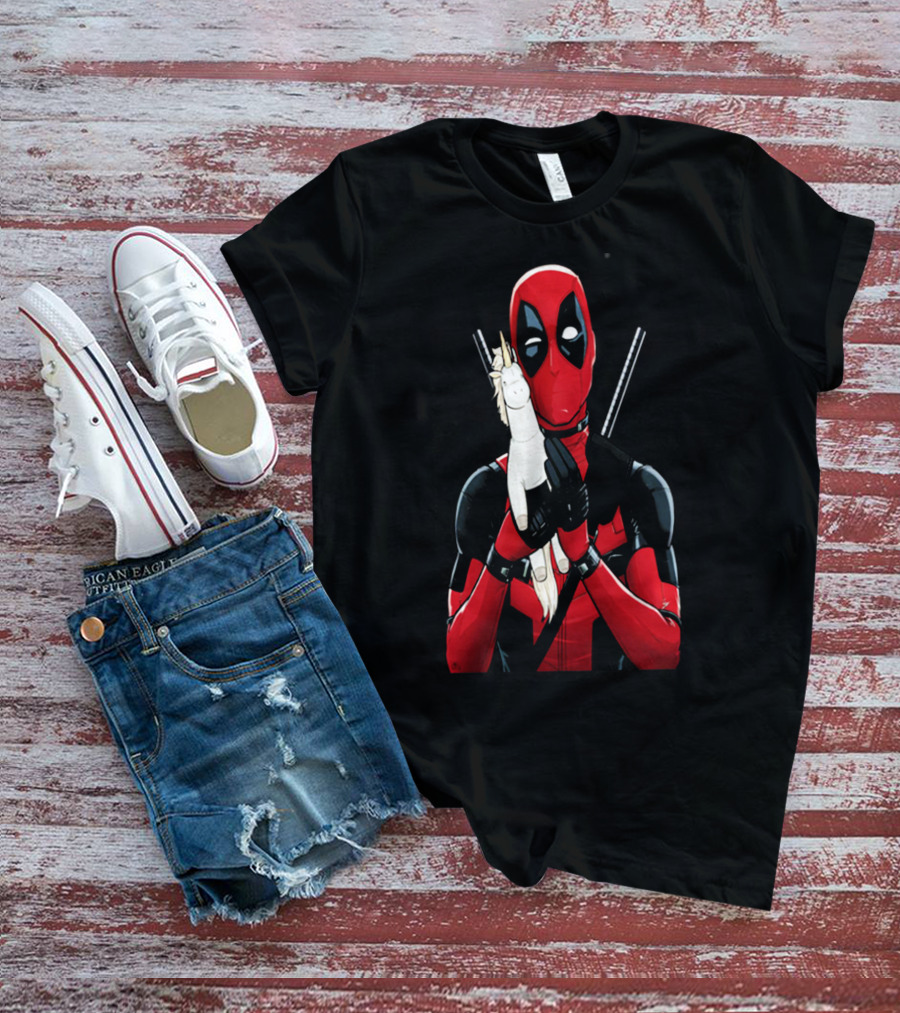Deadpool Hugging Unicorn Toy With Iconic Red And Black Suit T-Shirt