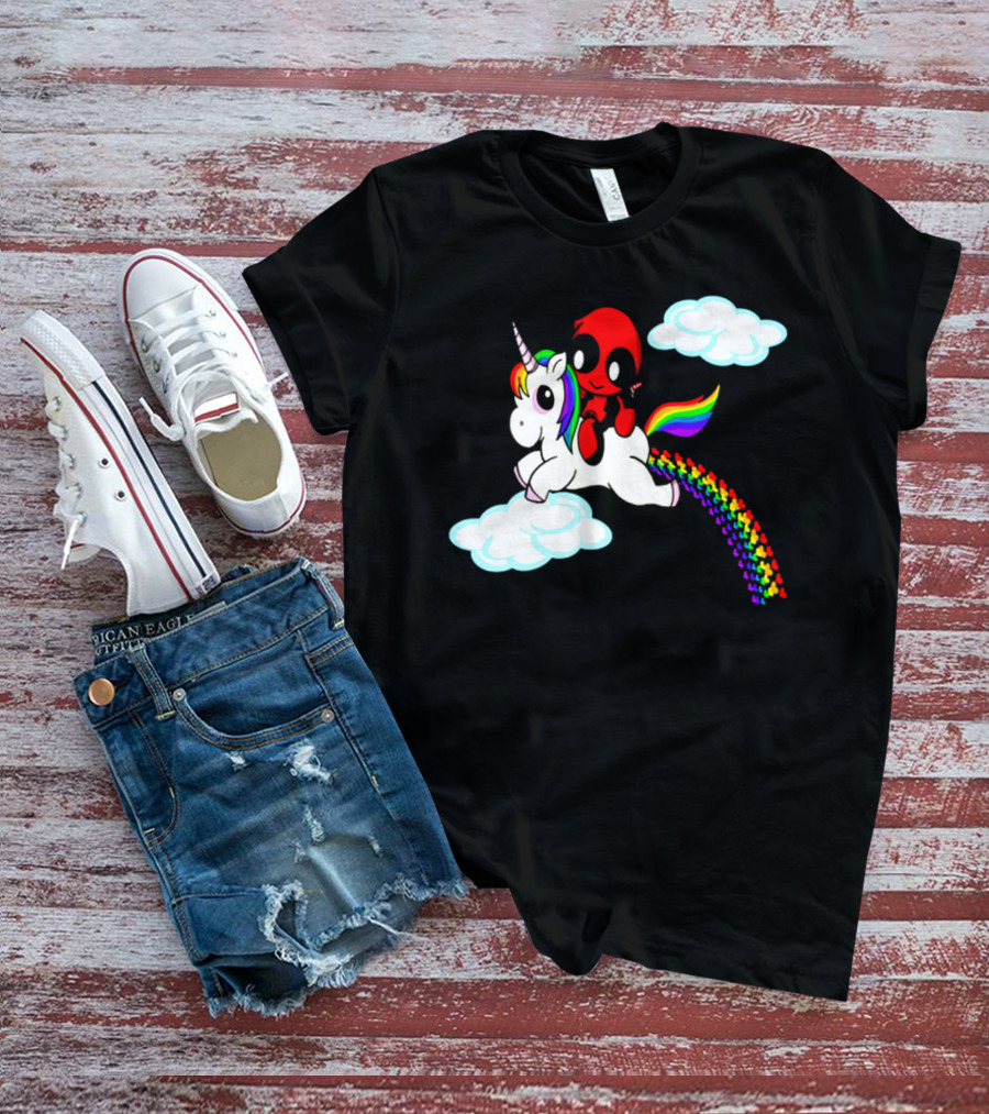 Deadpool Riding Rainbow Unicorn In Clouds T-Shirt