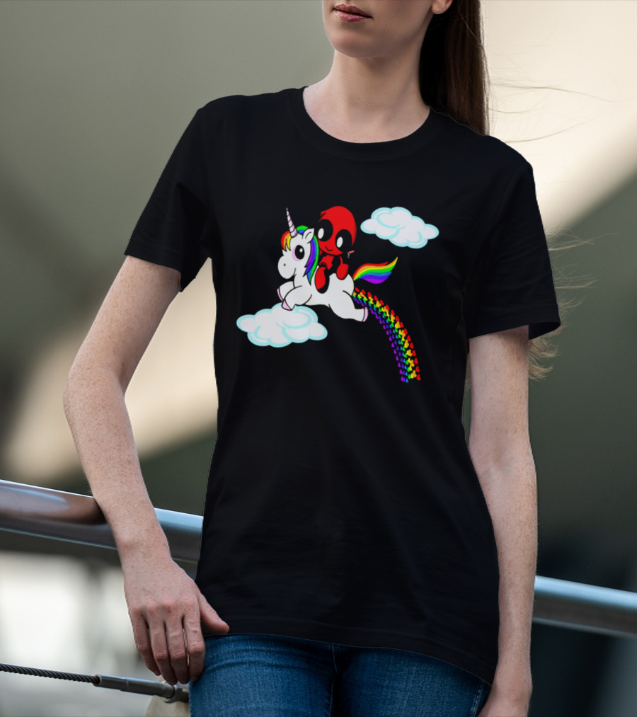 Deadpool Riding Rainbow Unicorn In Clouds T-Shirt
