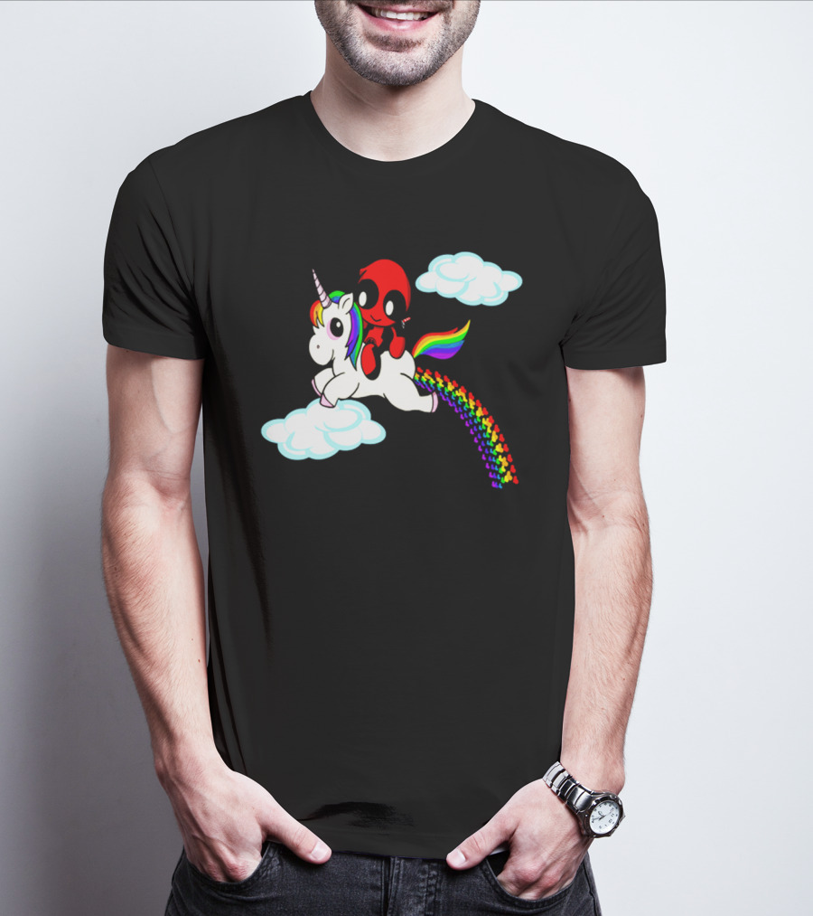 Deadpool Riding Rainbow Unicorn In Clouds T-Shirt