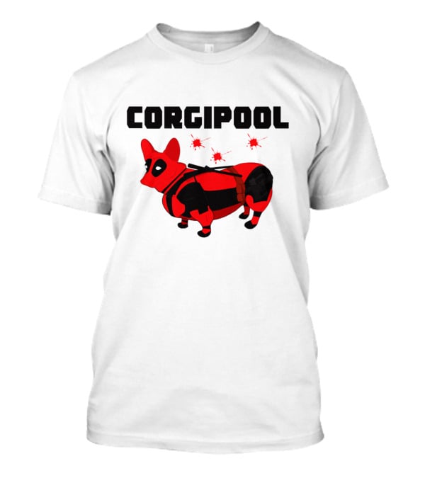 Corgipool Corgi Deadpool Parody With Red And Black Costume And Comic-Style Font T-Shirt