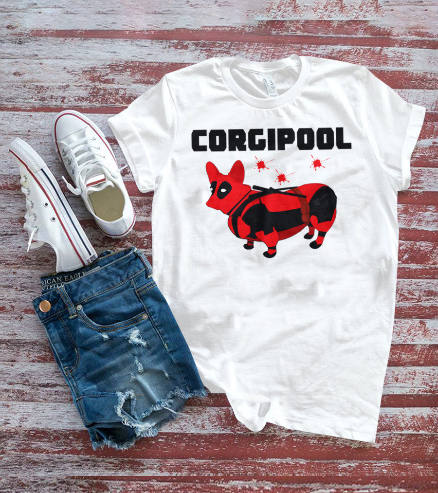 Corgipool Corgi Deadpool Parody With Red And Black Costume And Comic-Style Font T-Shirt