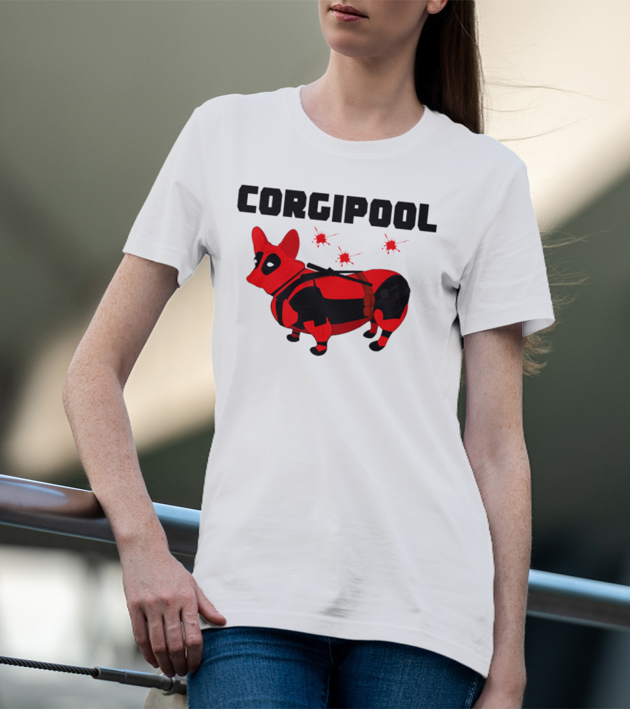 Corgipool Corgi Deadpool Parody With Red And Black Costume And Comic-Style Font T-Shirt