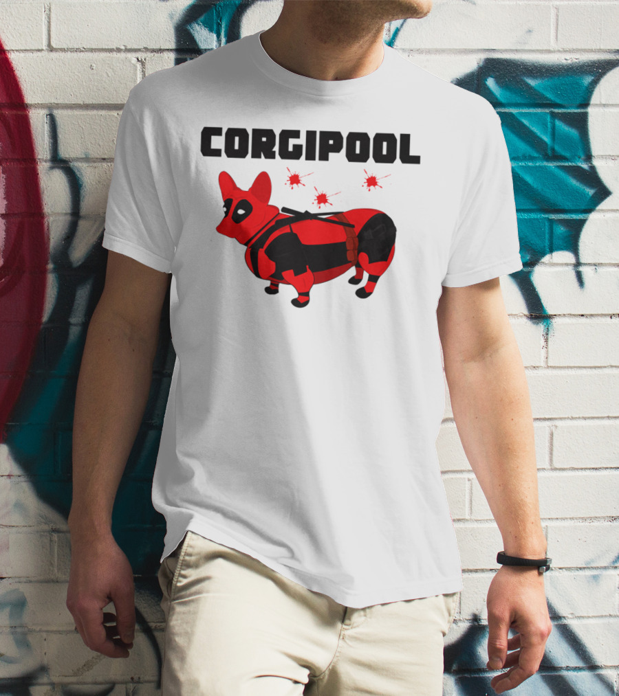 Corgipool Corgi Deadpool Parody With Red And Black Costume And Comic-Style Font T-Shirt