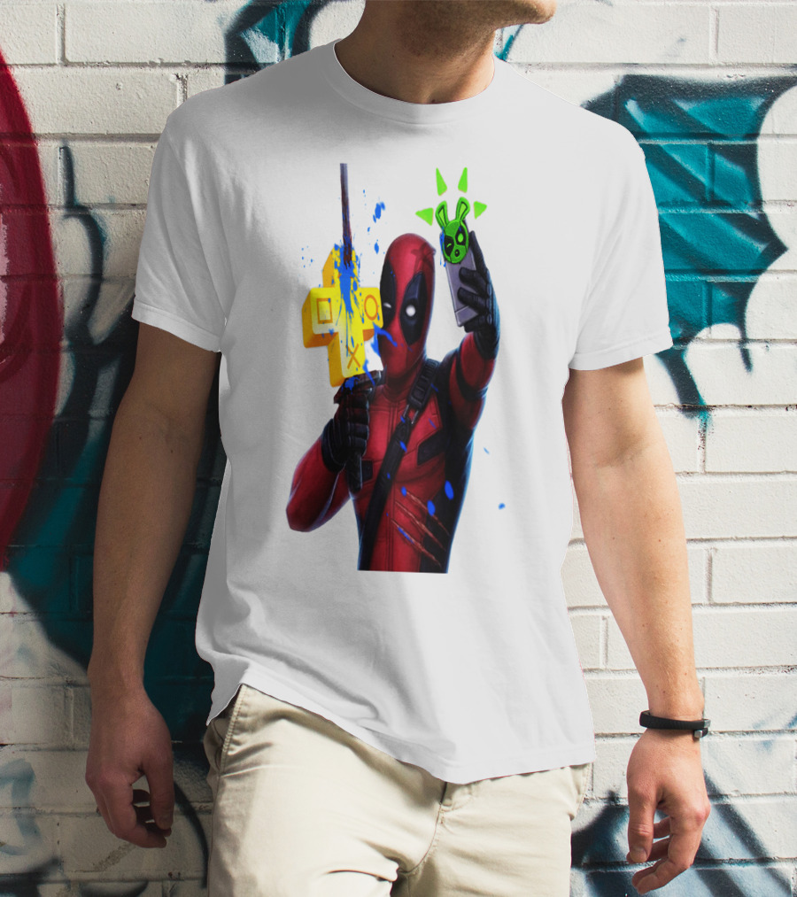 Deadpool Videogame Gamer Selfie With Iconic Controller And Green Bomb Symbols T-Shirt