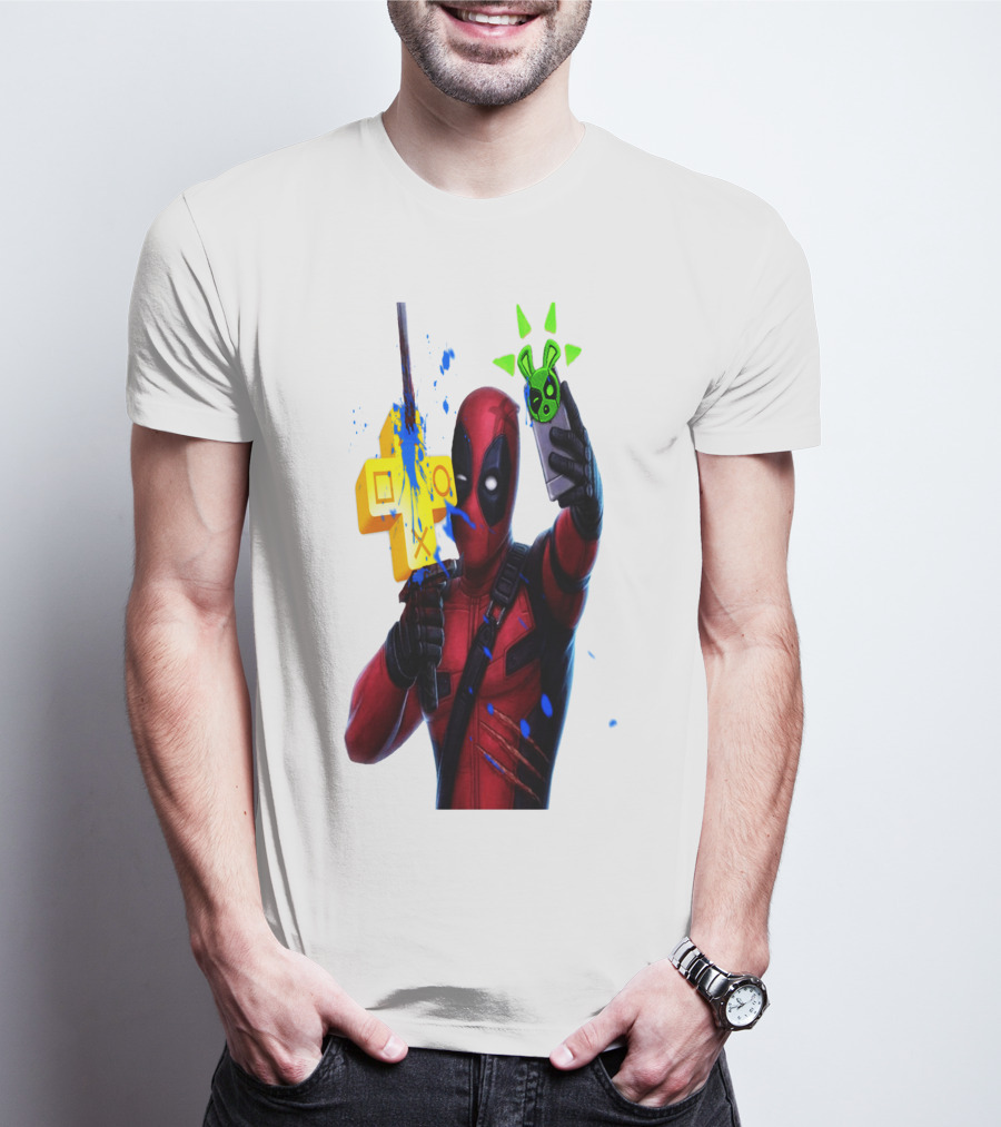 Deadpool Videogame Gamer Selfie With Iconic Controller And Green Bomb Symbols T-Shirt
