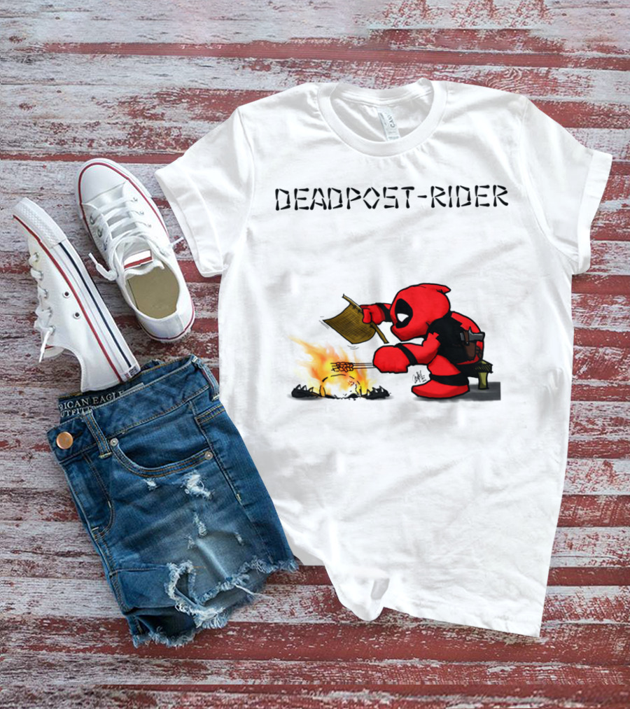 Deadpool Rider Cooking Marshmallow Over Fire Cartoon Scene T-Shirt