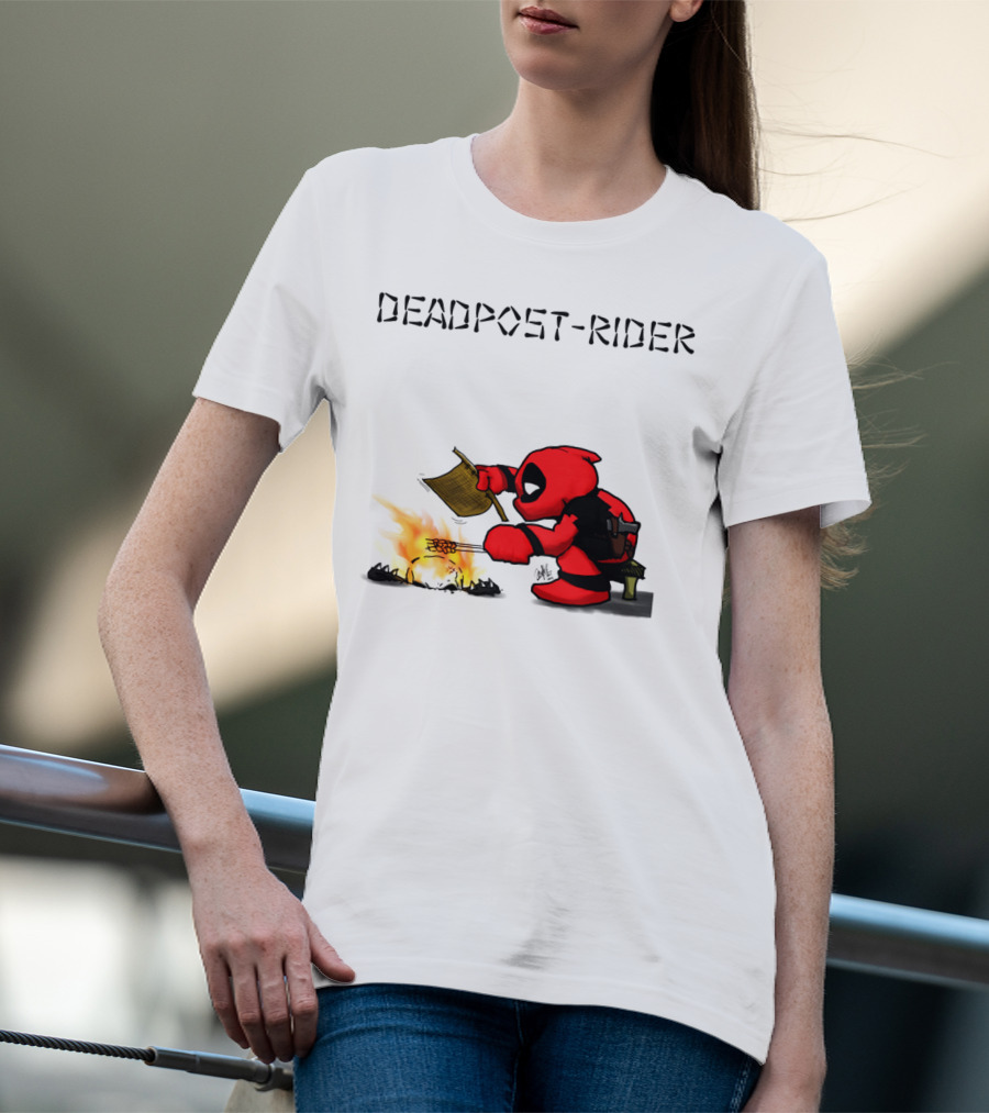 Deadpool Rider Cooking Marshmallow Over Fire Cartoon Scene T-Shirt