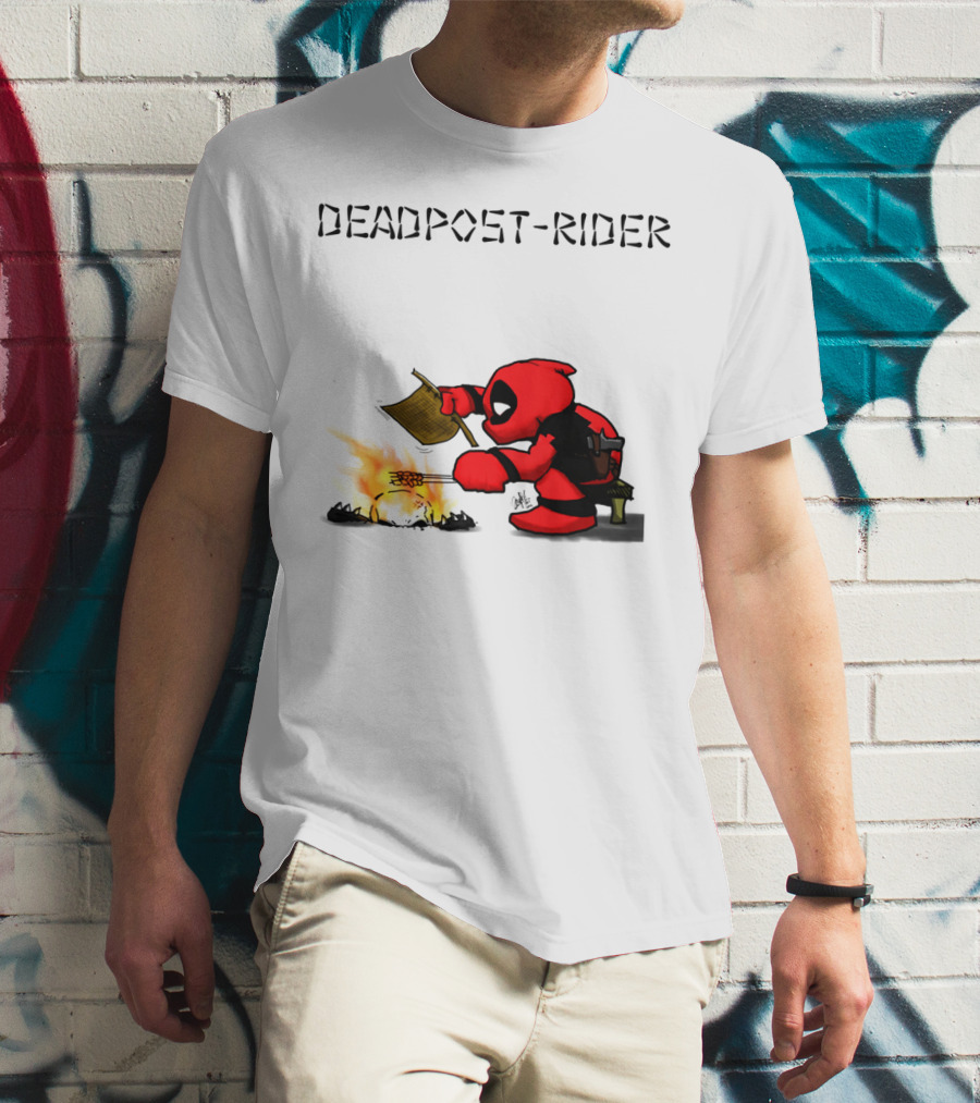 Deadpool Rider Cooking Marshmallow Over Fire Cartoon Scene T-Shirt