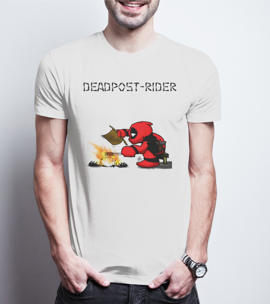 Deadpool Rider Cooking Marshmallow Over Fire Cartoon Scene T-Shirt