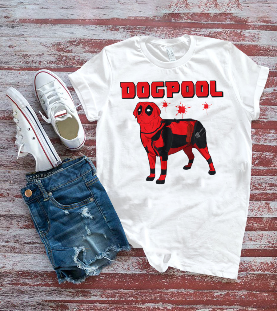 DOGPOOL Inspired By Deadpool With Red Suit And Splattered Background T-Shirt