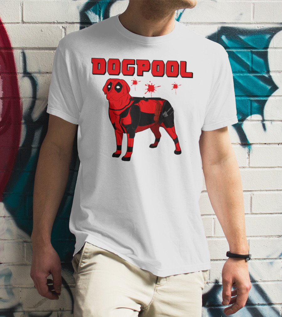 DOGPOOL Inspired By Deadpool With Red Suit And Splattered Background T-Shirt
