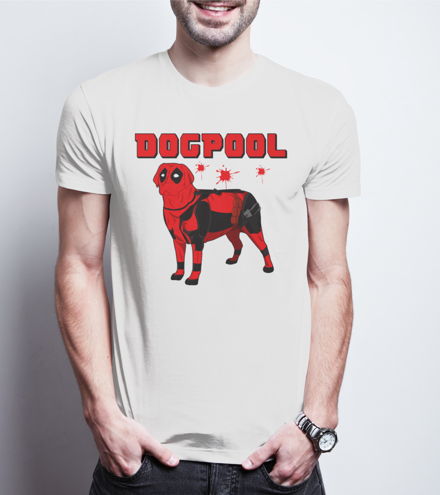 DOGPOOL Inspired By Deadpool With Red Suit And Splattered Background T-Shirt