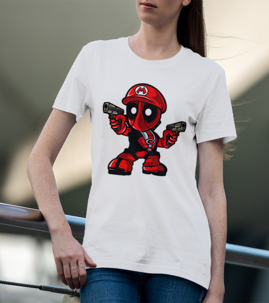Deadpool Mario Parody Crossover Character With Guns T-Shirt