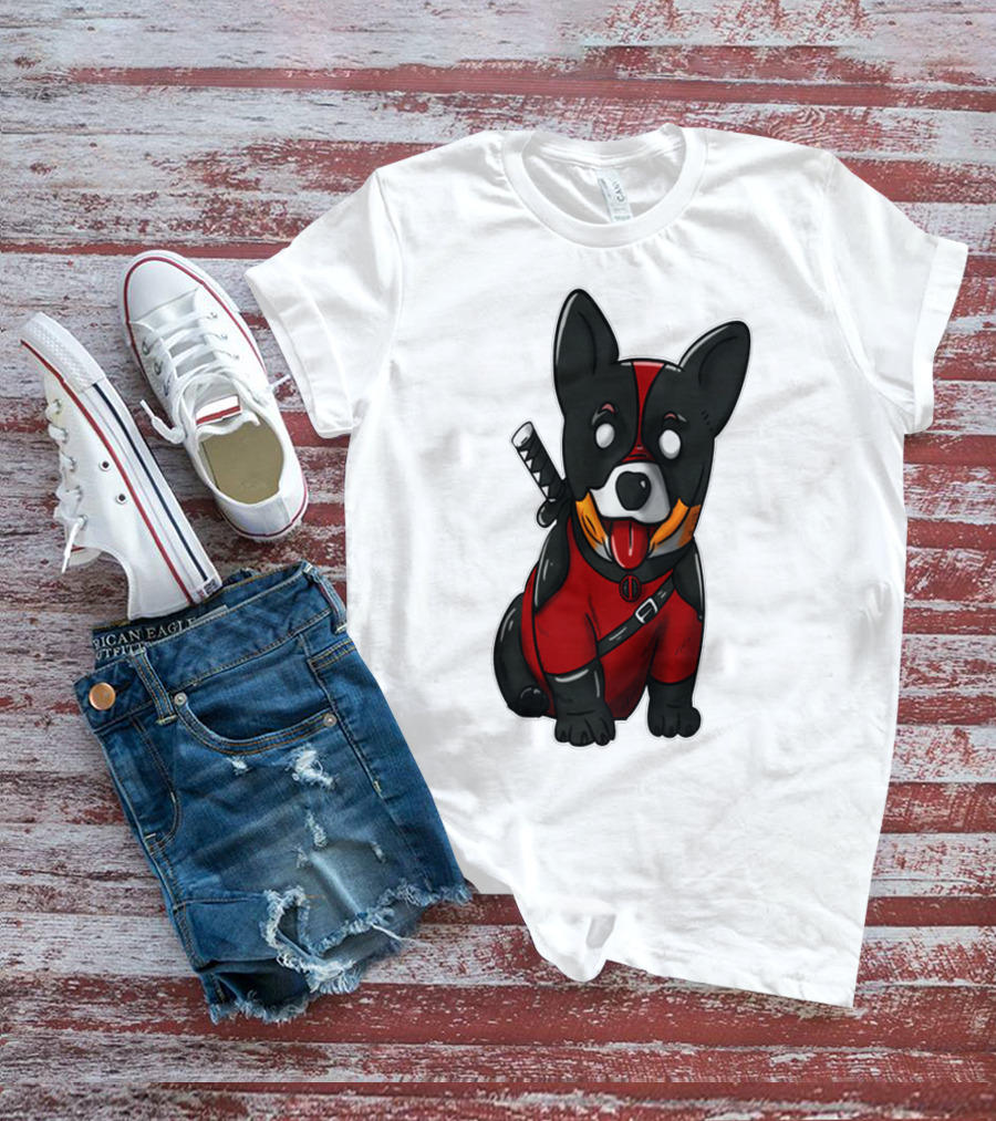 Corgipool Corgi Deadpool Merchandise Red Black Costume Sword Dog Iconic Character Image T-Shirt