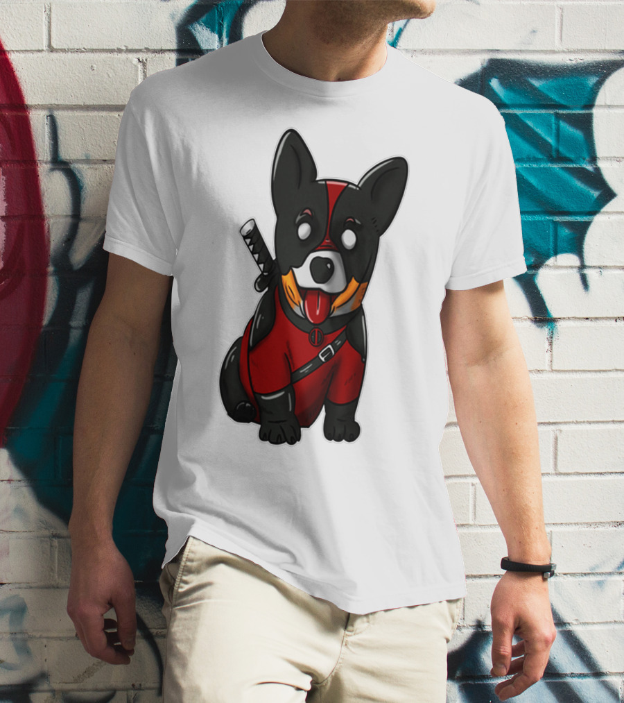 Corgipool Corgi Deadpool Merchandise Red Black Costume Sword Dog Iconic Character Image T-Shirt