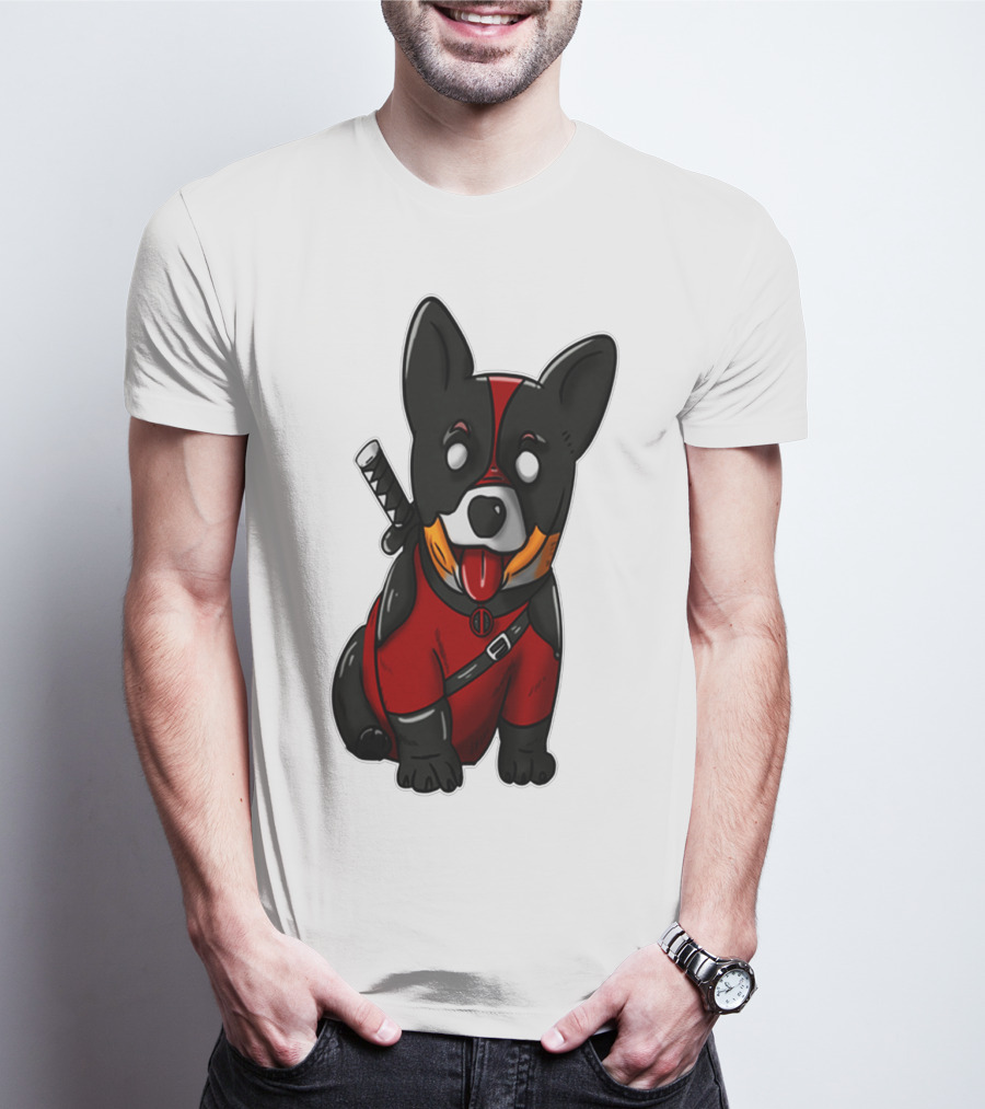 Corgipool Corgi Deadpool Merchandise Red Black Costume Sword Dog Iconic Character Image T-Shirt