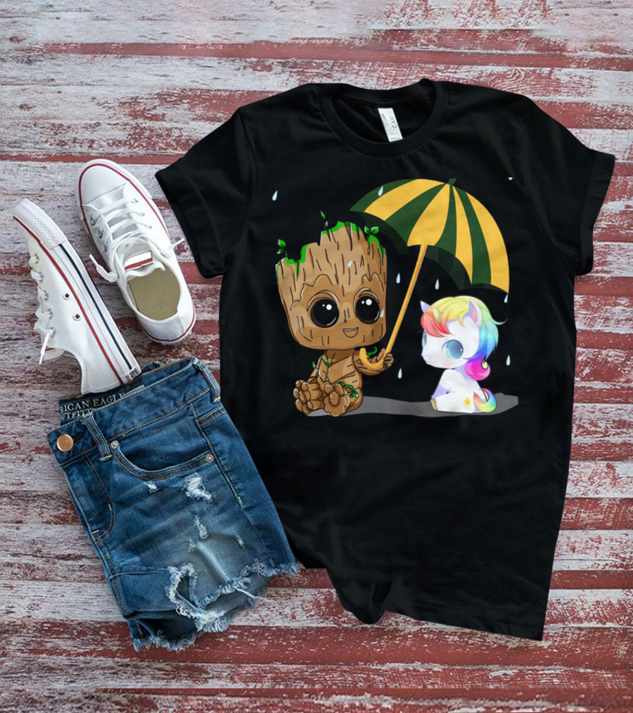 Groot Holding Umbrella Sitting With Cute Rainbow Unicorn T-Shirt