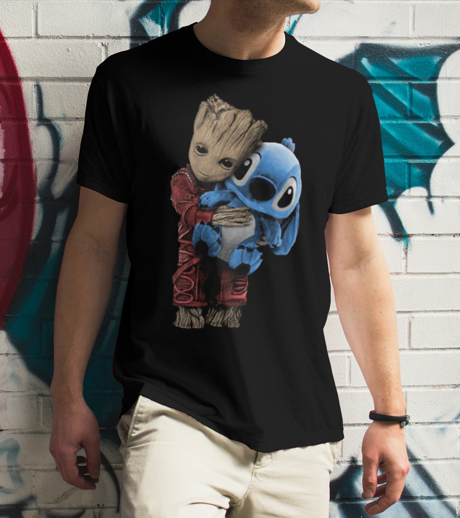 Groot And Baby Stitch Hugging Compilation Disney Marvel Crossover T-Shirt