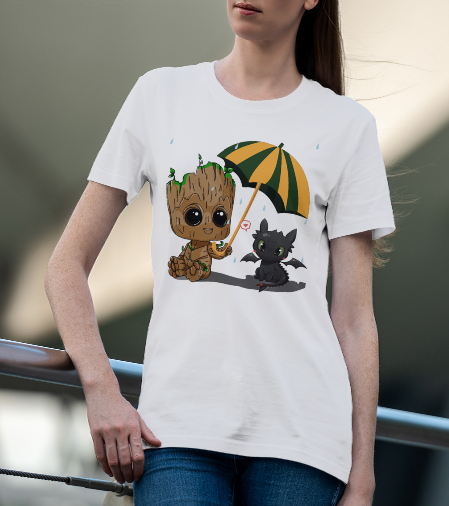 Groot And Little Hiccup Dragon Sharing Umbrella In The Rain T-Shirt