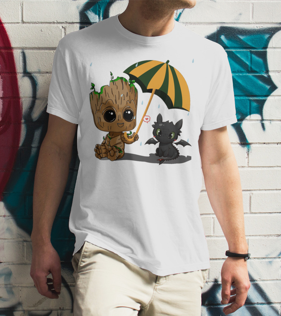 Groot And Little Hiccup Dragon Sharing Umbrella In The Rain T-Shirt