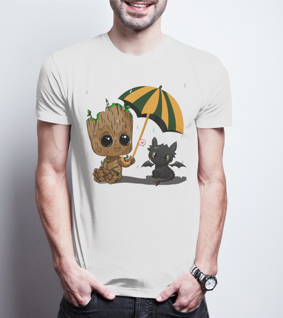 Groot And Little Hiccup Dragon Sharing Umbrella In The Rain T-Shirt