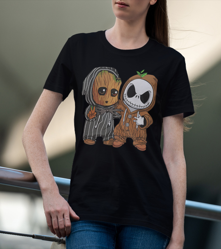 Groot In Striped Hoodie And Jack Skellington In Wood-Patterned Suit T-Shirt
