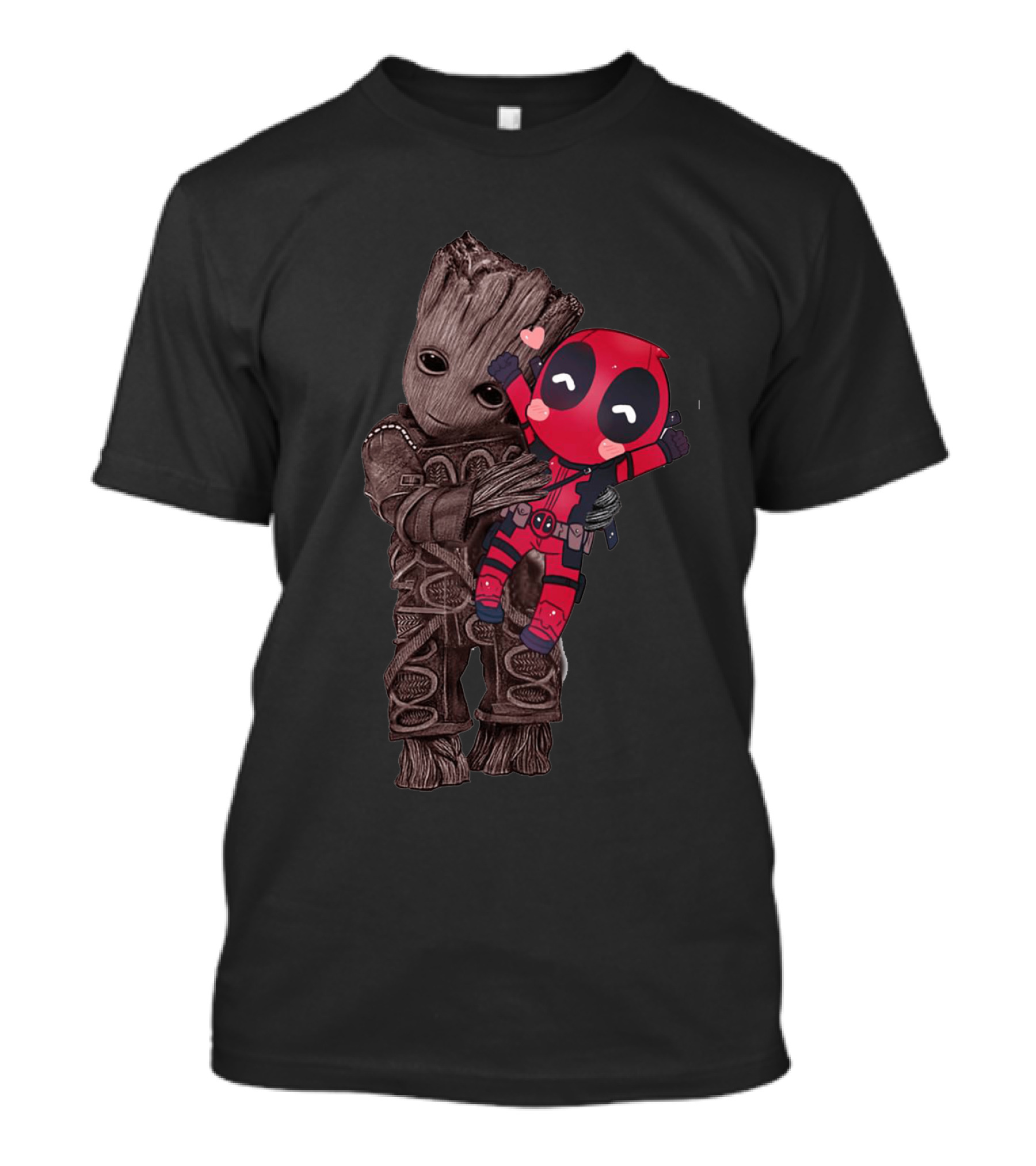 Groot Hugging Chibi Deadpool With Hearts T-Shirt