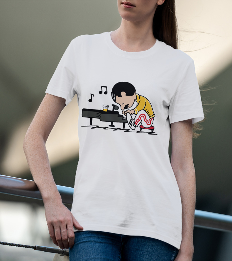Freddie Mercury Cartoon At Piano With Music Notes And Beer Glass T-Shirt