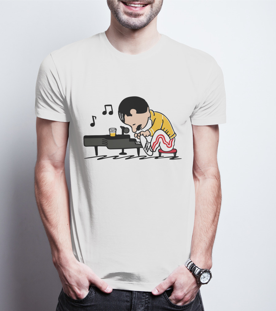 Freddie Mercury Cartoon At Piano With Music Notes And Beer Glass T-Shirt