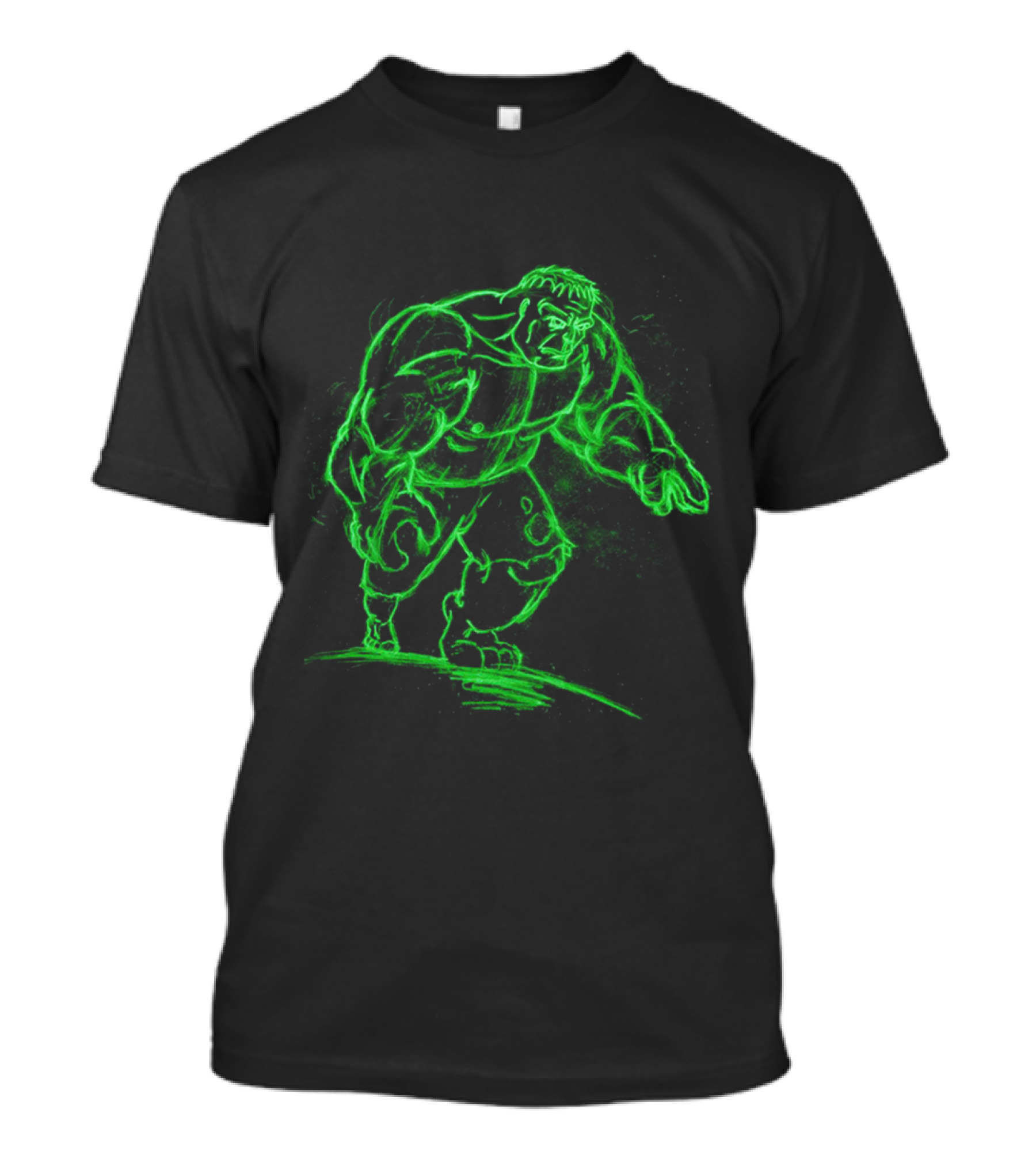 Green Neon Sketch Of Hulk In Dynamic Stance T-Shirt