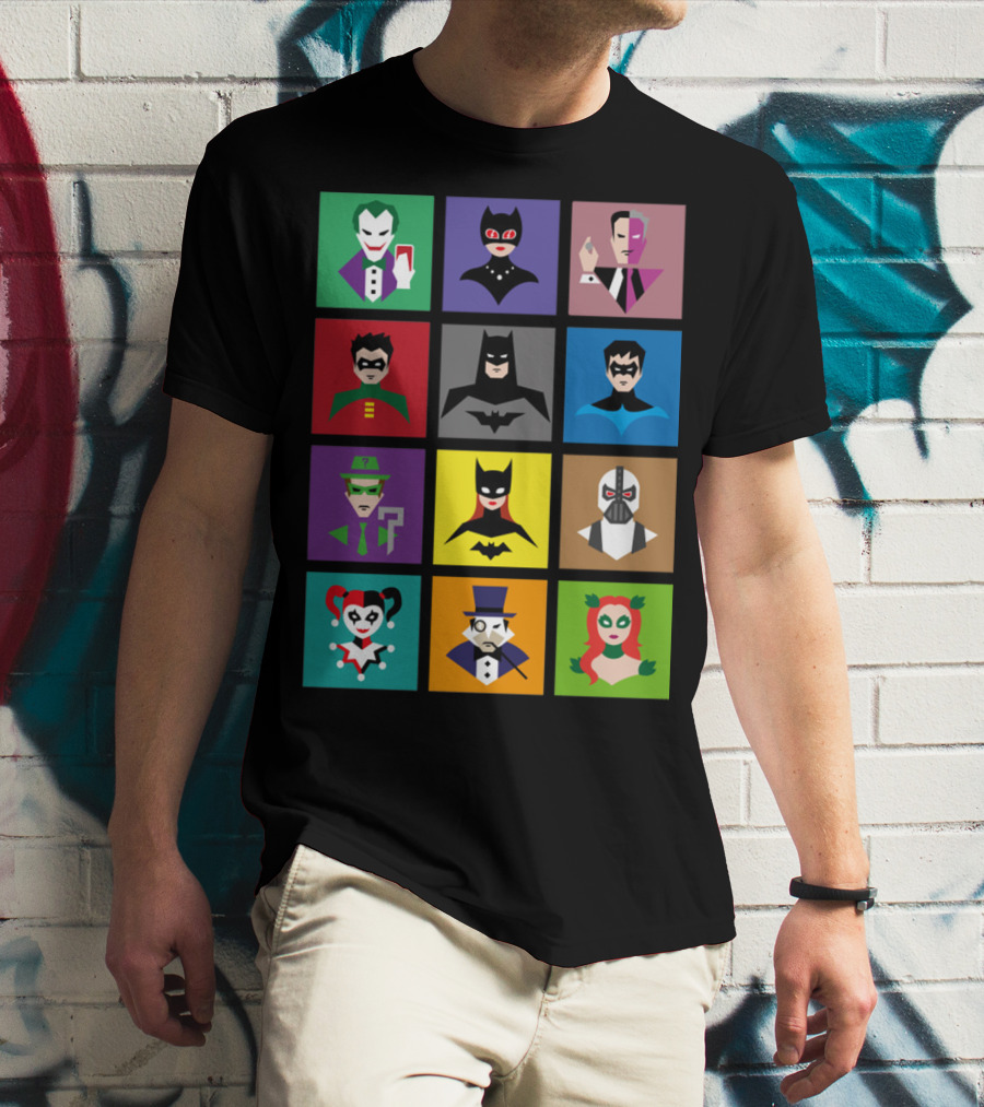 Batman Animated Villains Heroes Joker Catwoman Two-Face Robin Nightwing Riddler Batgirl Bane Harley Quinn Penguin Poison Ivy T-Shirt
