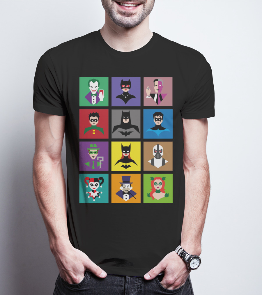 Batman Animated Villains Heroes Joker Catwoman Two-Face Robin Nightwing Riddler Batgirl Bane Harley Quinn Penguin Poison Ivy T-Shirt