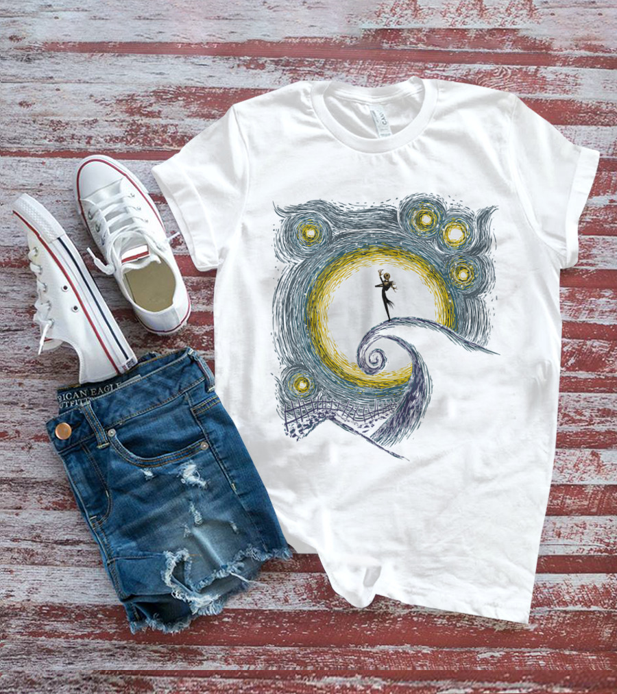 Jack Skellington On Curled Hill With Starry Night Inspired Background T-Shirt