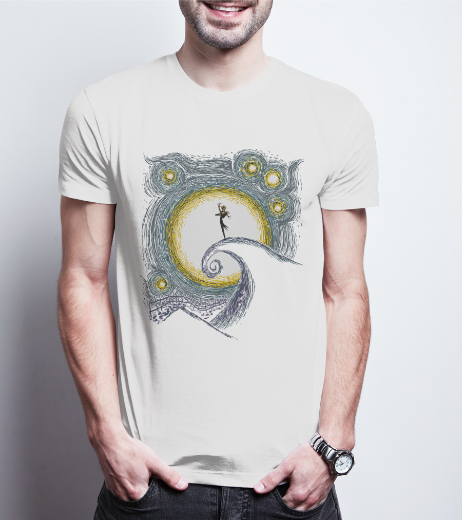Jack Skellington On Curled Hill With Starry Night Inspired Background T-Shirt