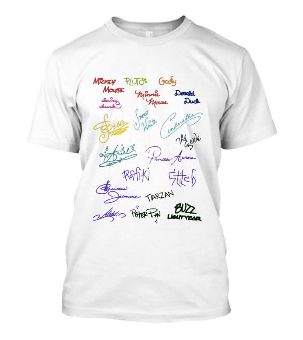Mickey Mouse Pluto Goofy Minnie Donald Belle Snow White Cinderella Ariel Aurora Rafiki Stitch Jasmine Tarzan Mulan Peter Pan Buzz Lightyear Signatures T-Shirt
