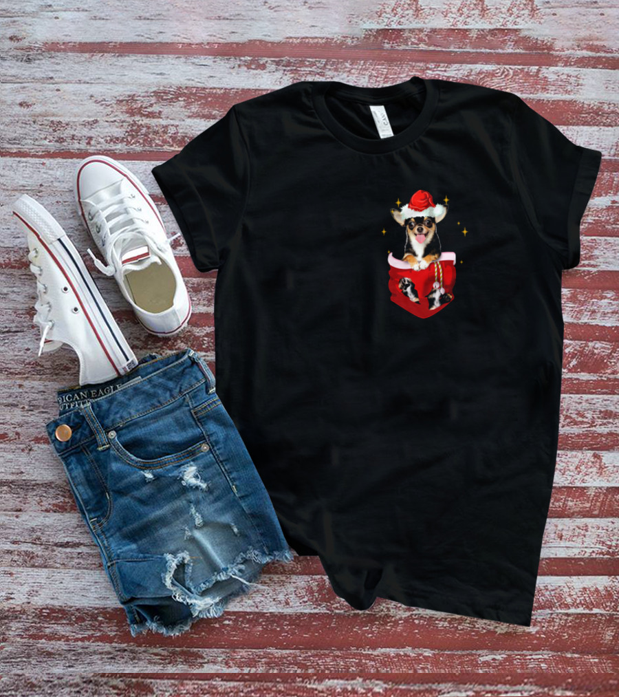Chihuahua In Santa Hat Pocket With Christmas Sparkles T-Shirt