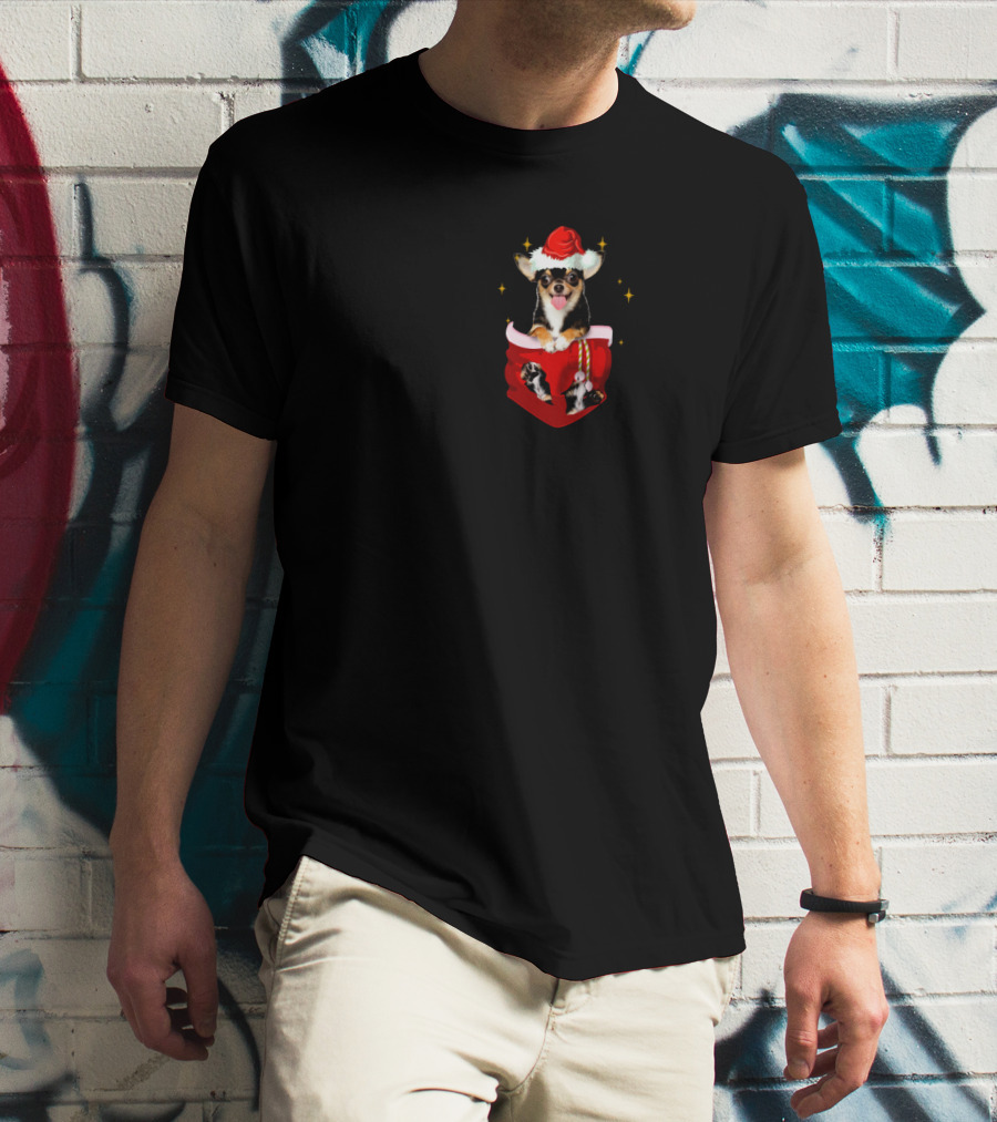 Chihuahua In Santa Hat Pocket With Christmas Sparkles T-Shirt