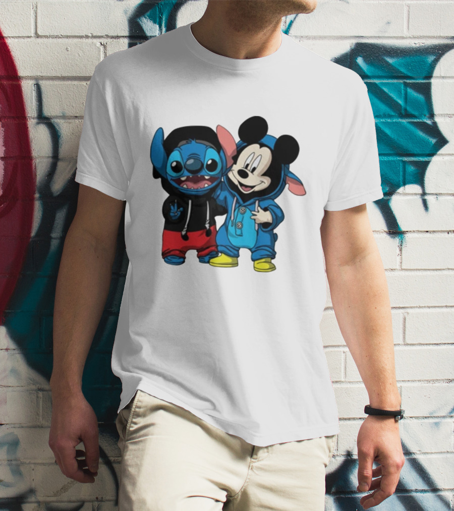 Mickey Mouse And Stitch In Hoodies T-Shirt