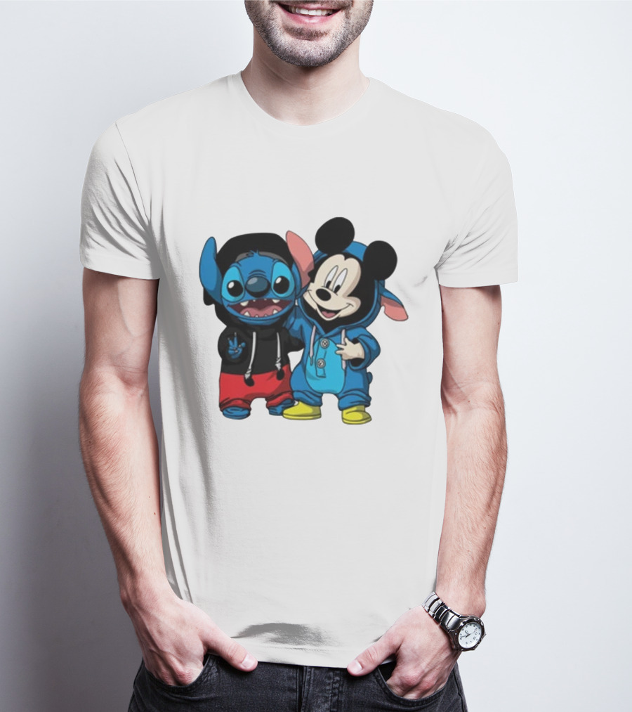 Mickey Mouse And Stitch In Hoodies T-Shirt