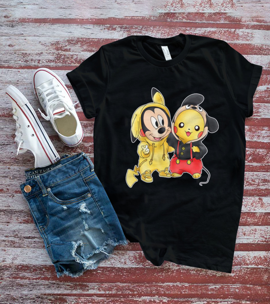 Mickey Pikachu Crossover Characters In Hoodie Costumes T-Shirt