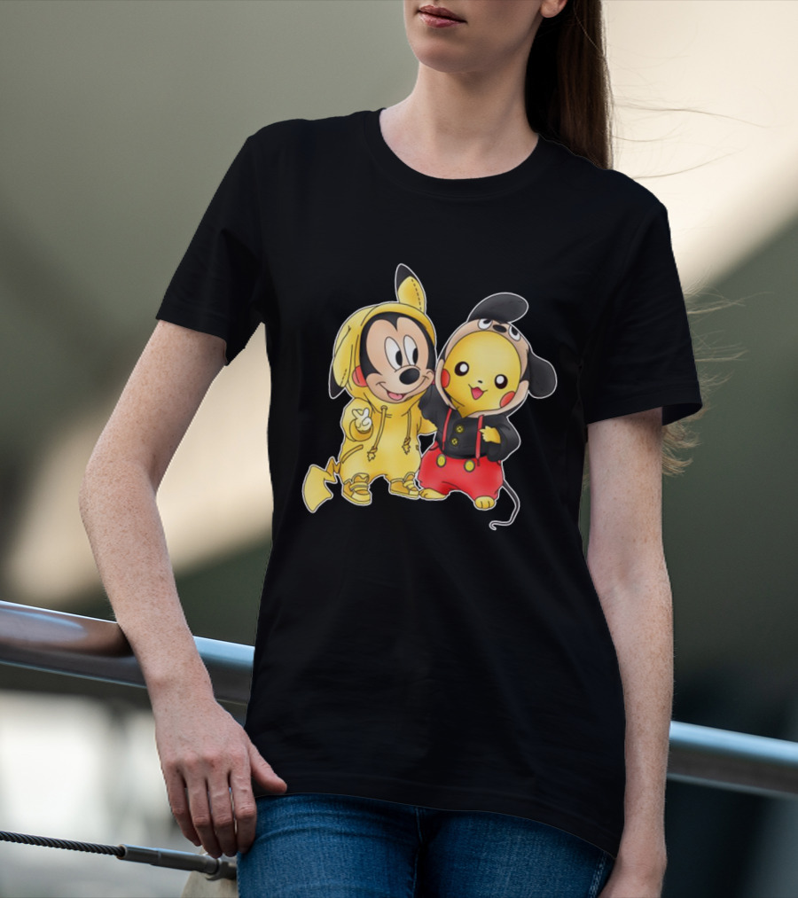 Mickey Pikachu Crossover Characters In Hoodie Costumes T-Shirt