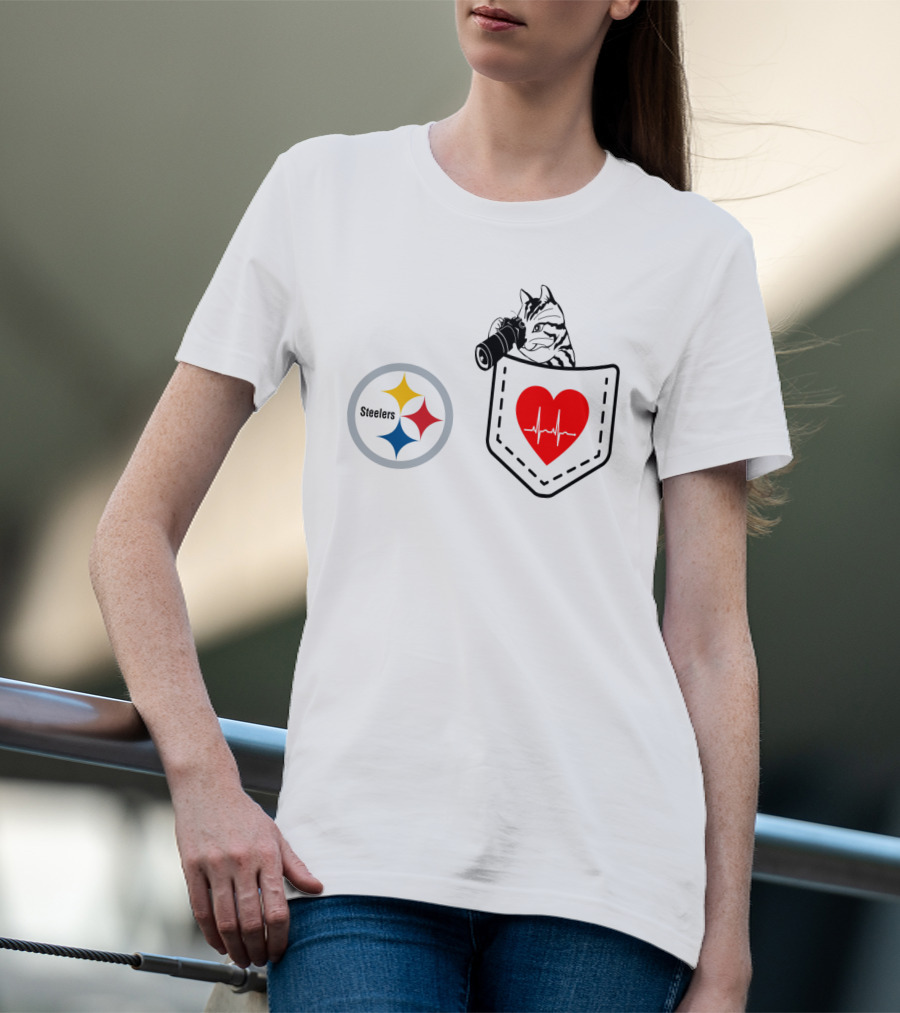 Pittsburgh Steelers Cat With Heartbeat Pocket T-Shirt
