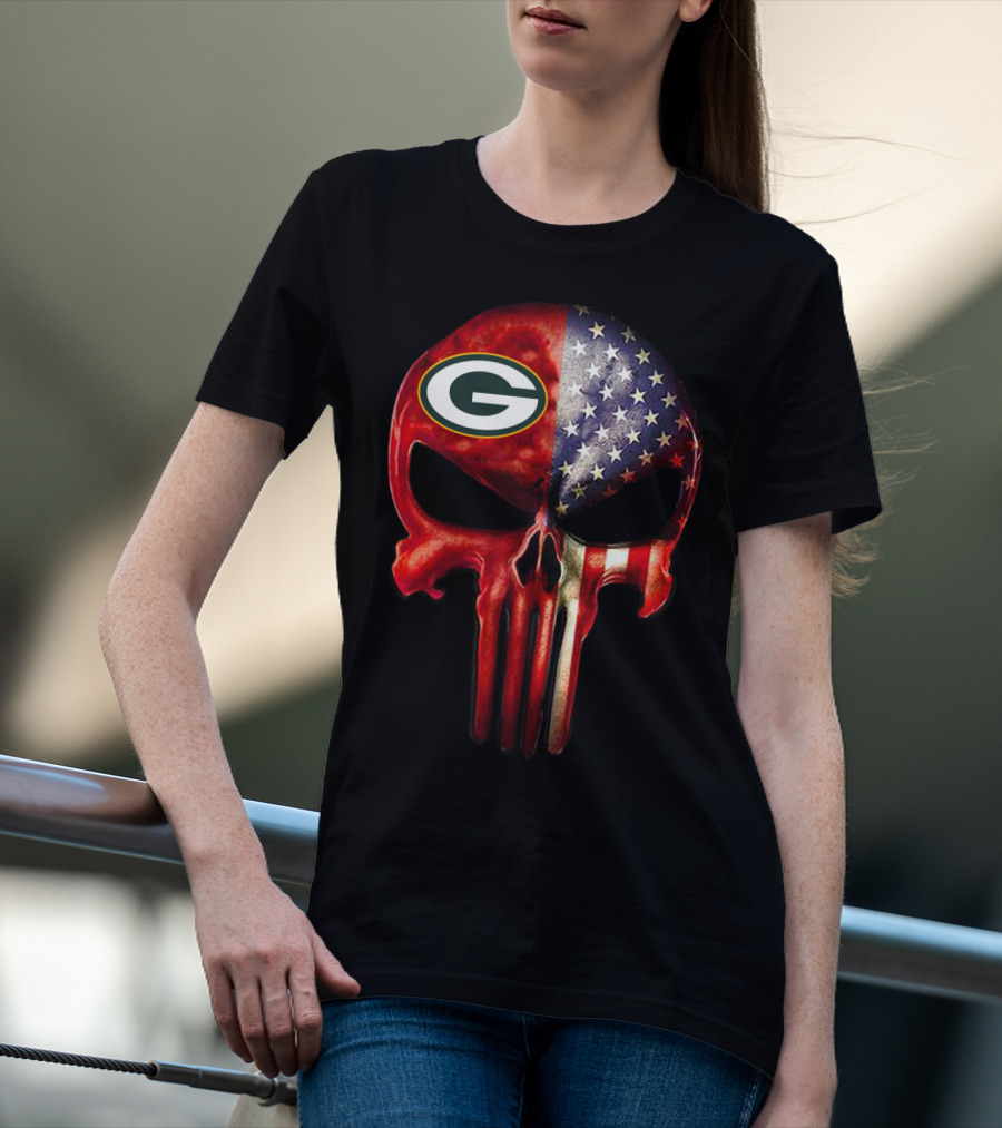 Green Bay Packers American Flag Skull T-Shirt