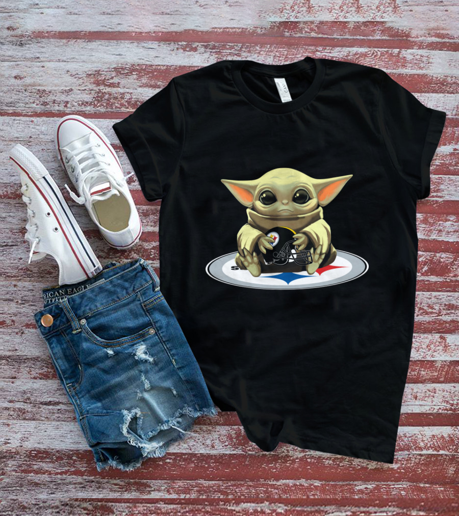 Baby Yoda Holding Steelers Football Helmet T-Shirt